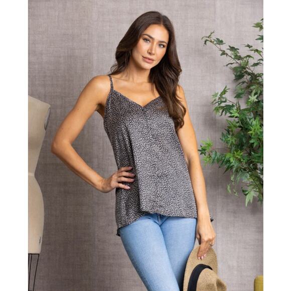 Black Satin Ditsy Print Camisole Tank Top - Picture 3 of 6